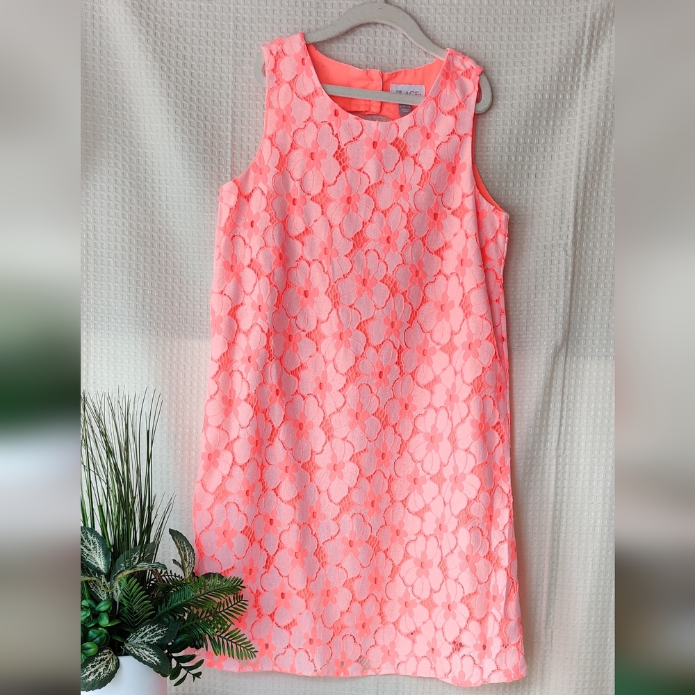 The Children's Place Bright Coral Floral Lace Dress Size Large 10/12